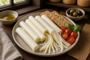 Peeled string cheese sticks showing fine strands with tomatoes, basil, and crackers - String cheese | KnowTheCheese