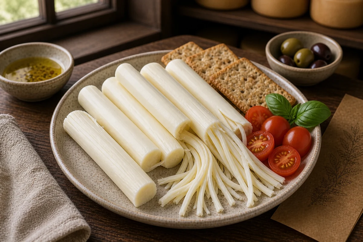 Peeled string cheese sticks showing fine strands with tomatoes, basil, and crackers - String cheese | KnowTheCheese