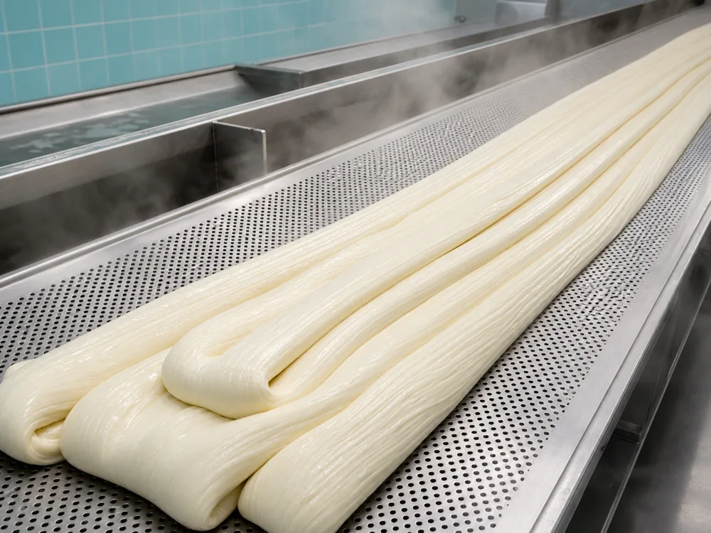 Warm mozzarella curd formed into long parallel folds after stretching - String cheese | KnowTheCheese