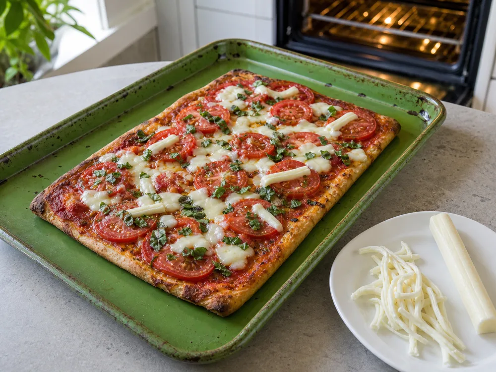 Peeled mozzarella string cheese melted across a tomato flatbread - String cheese | KnowTheCheese
