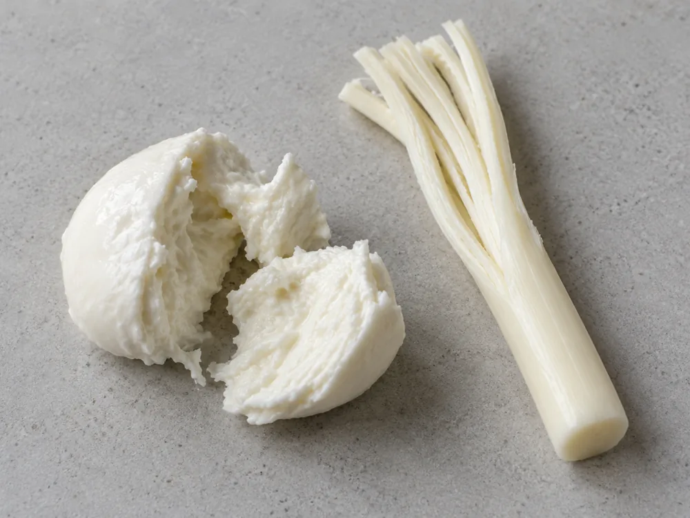 Mozzarella ball torn into soft chunks beside a string cheese stick peeled into long strands - String cheese | KnowTheCheese