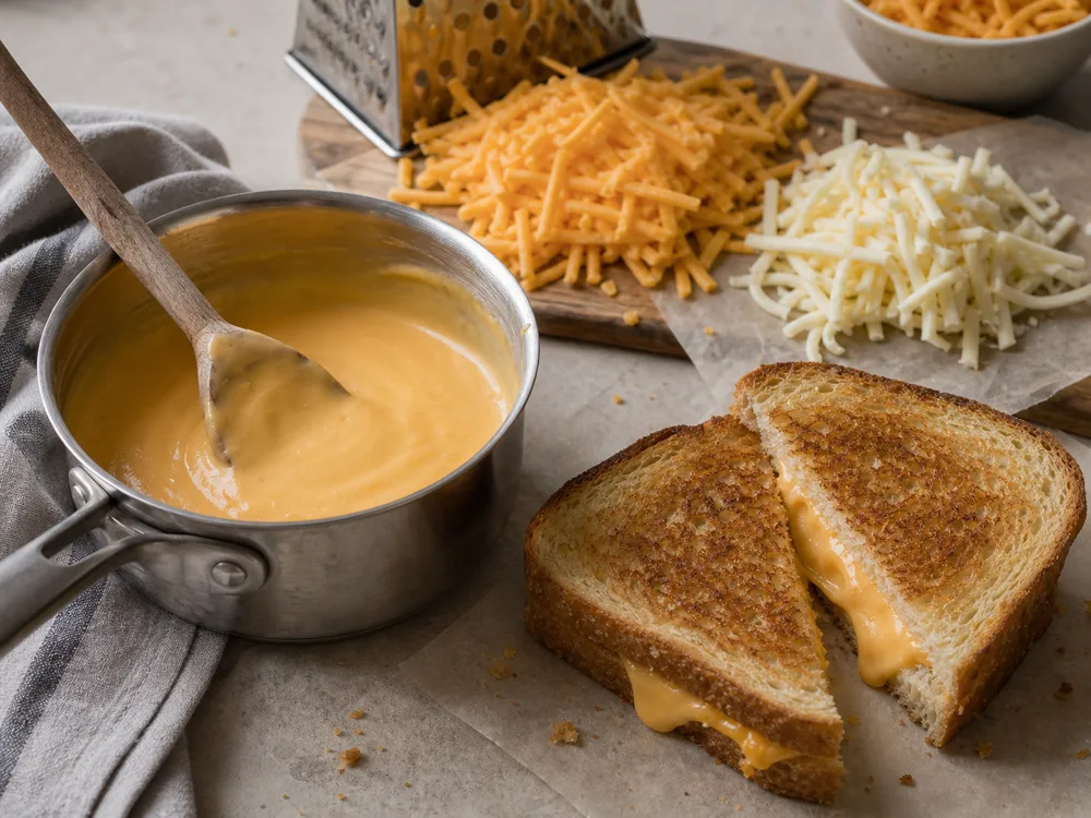 Colby and Monterey Jack melted into sauce and grilled cheese as Cheddar substitutes - Cheddar substitutes | KnowTheCheese