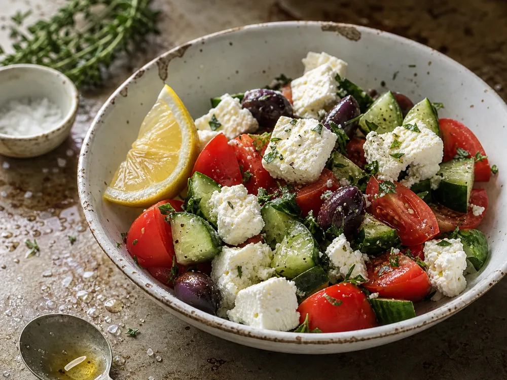Feta substitute salad with ricotta salata crumbles, lemon, olives, cucumber, tomato, and herbs - Feta substitutes | KnowTheCheese
