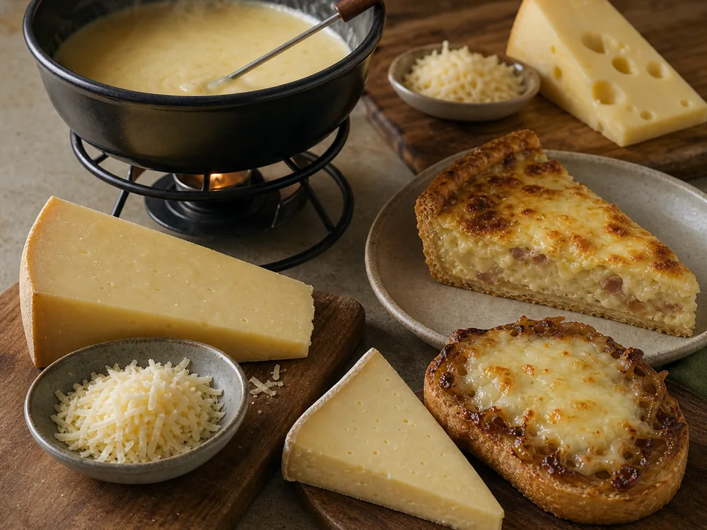 Fondue, quiche, and onion-soup crostini showing different Gruyere substitute uses - Gruyere substitutes | KnowTheCheese