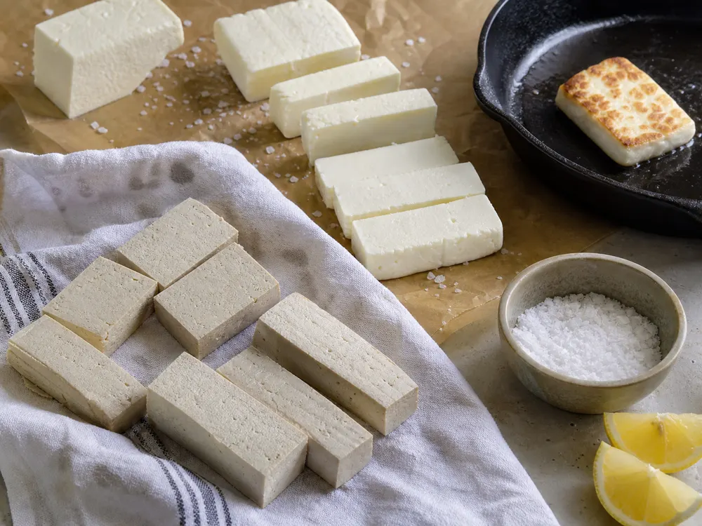 Paneer-style slices dried with salt before searing - Halloumi substitutes | KnowTheCheese