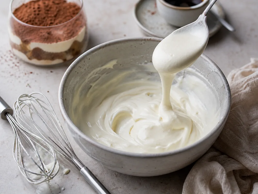 Creamy mascarpone-style dairy adjusted before dessert assembly - Mascarpone cheese | KnowTheCheese
