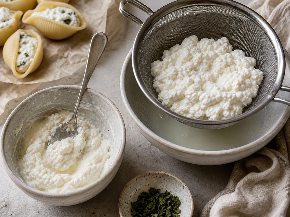 Cottage cheese draining in a sieve beside blended filling and stuffed shells - Ricotta substitutes | KnowTheCheese
