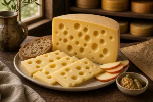 Swiss cheese wedge and slices with round eyes, rye bread, and apple - Swiss cheese | KnowTheCheese