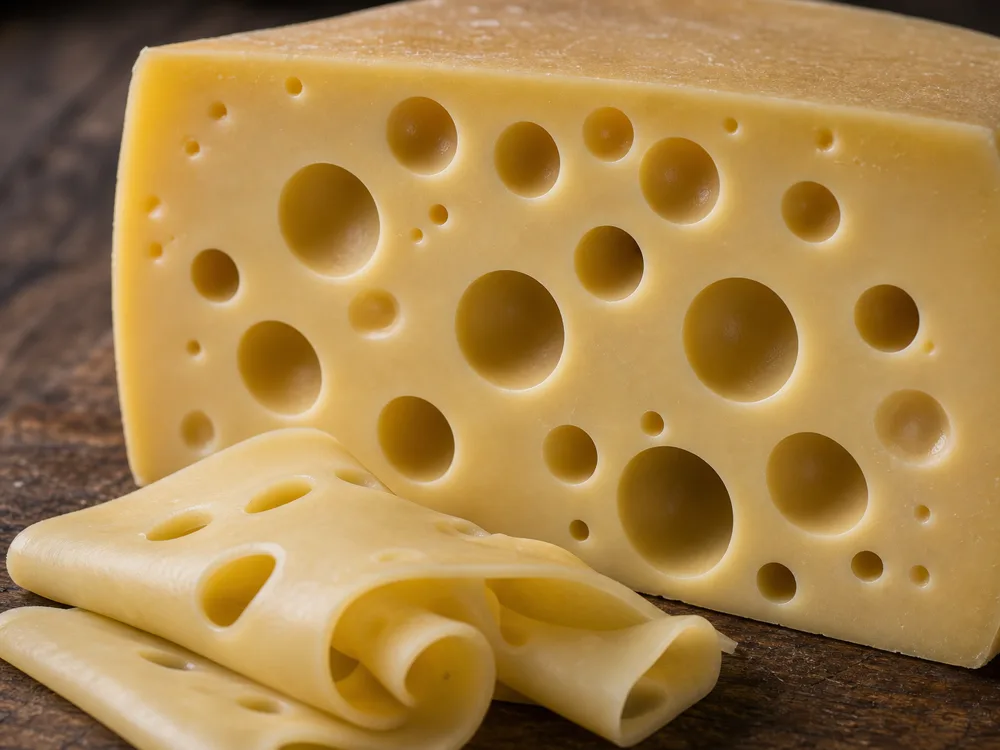 Swiss cheese cross-section with round eyes and smooth elastic paste - Swiss cheese | KnowTheCheese