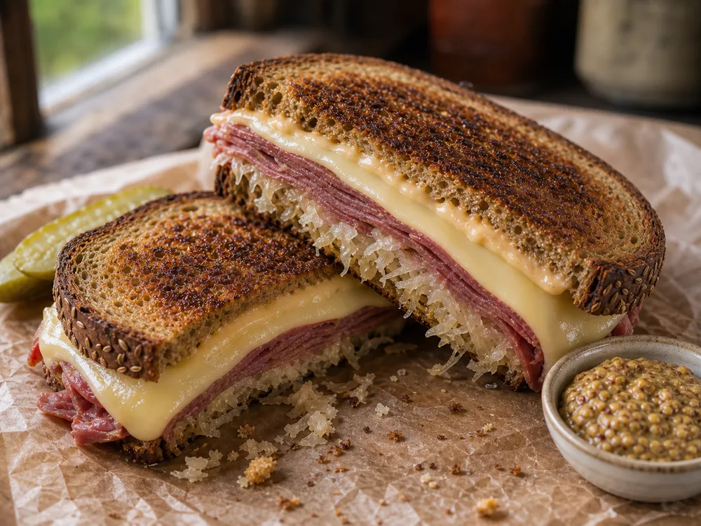 Reuben sandwich with Swiss cheese melted smoothly around corned beef and sauerkraut - Swiss cheese | KnowTheCheese