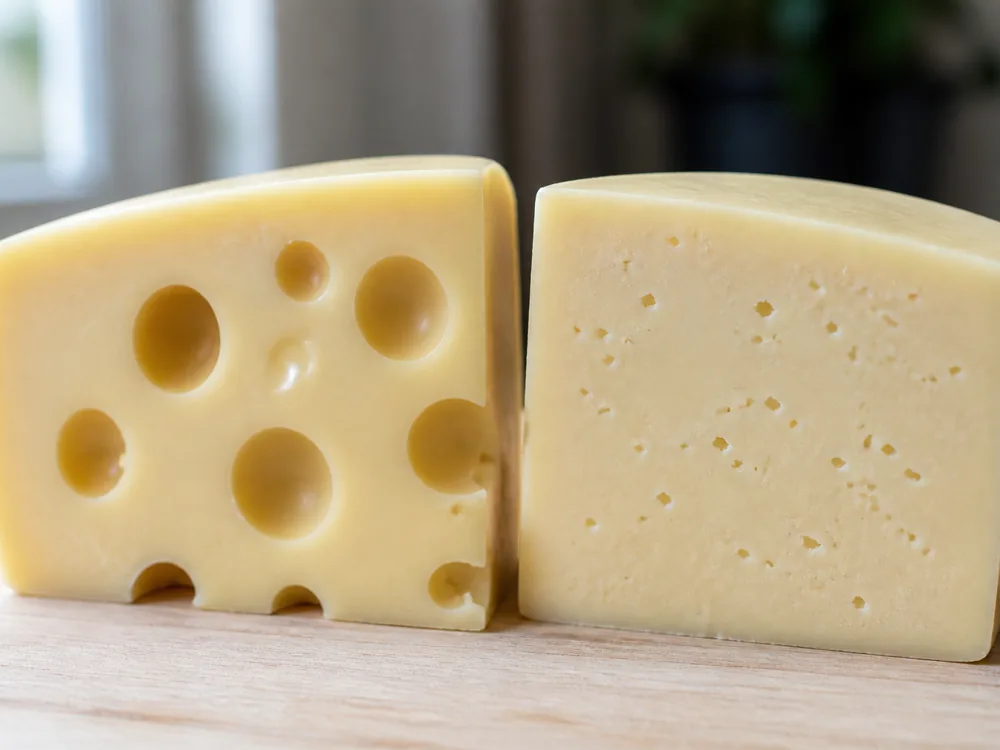 Two Swiss cheese cut faces compared, large round eyes beside small sparse ones - Swiss Cheese | KnowTheCheese