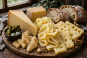 Swiss cheese board with Gruyere-style wedge, Emmental-style slices, shaved rosettes, hard shards, bread, and pickles - Swiss cheeses region guide | KnowTheCheese