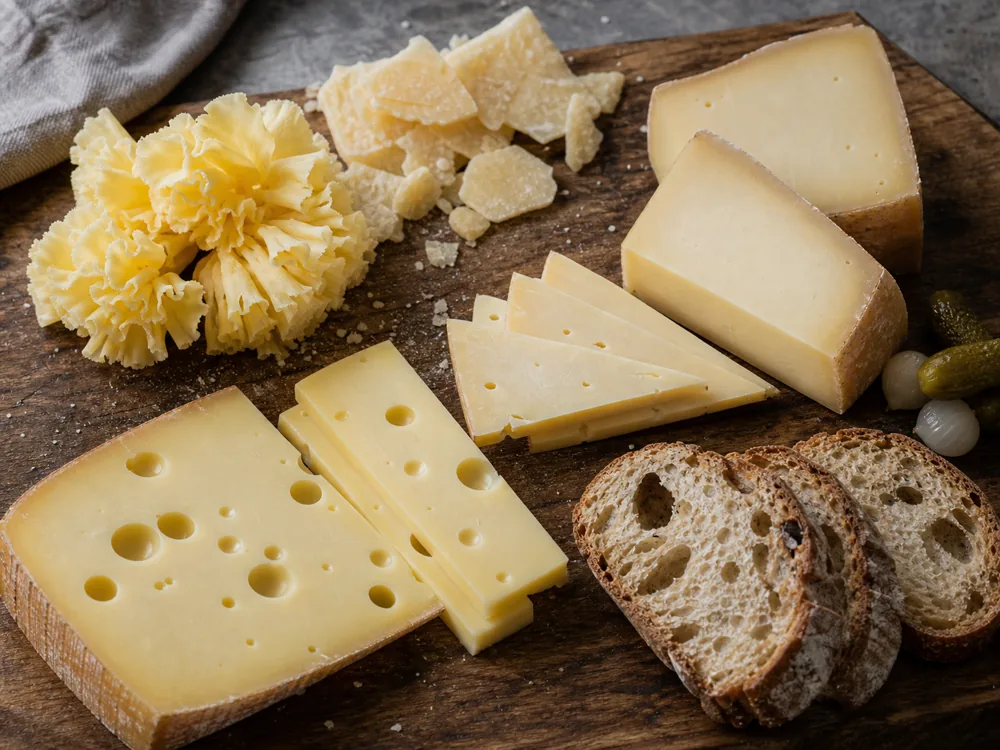 Swiss cheese board with Gruyere, Emmental, Tete de Moine rosettes, Sbrinz, alpine bread, and pickles