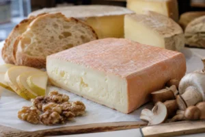 Taleggio wedge with washed rind mushrooms and bread - Taleggio Cheese | KnowTheCheese