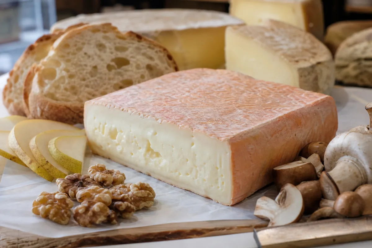 Taleggio wedge with washed rind mushrooms and bread - Taleggio Cheese | KnowTheCheese
