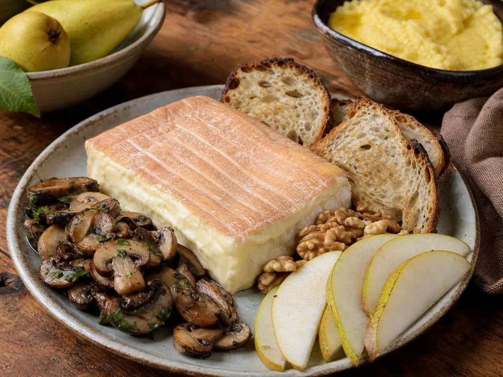 Taleggio with mushrooms pear walnuts and crusty bread - Taleggio Cheese | KnowTheCheese
