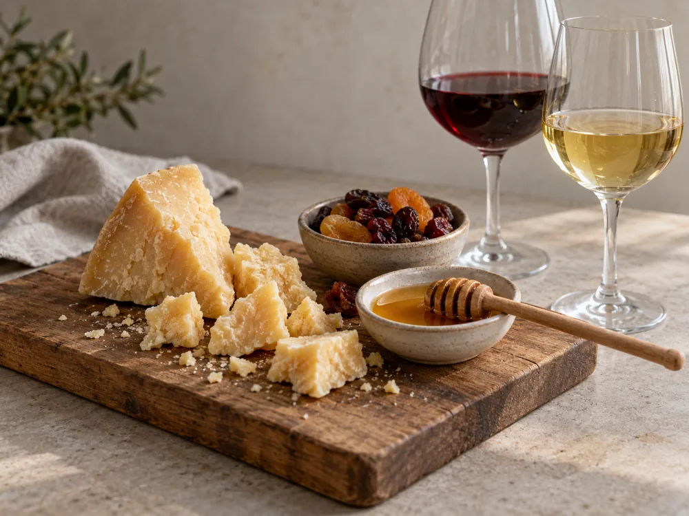 Broken pieces of hard yellow cheese on a board with honey, dried fruit and glasses of red and white wine - Tezacki Sir Extra Mature | KnowTheCheese