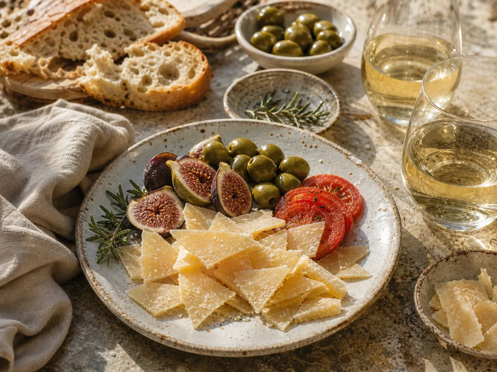 Extra mature Croatian hard cheese shards with figs olives bread tomatoes and white wine - Tezacki Sir Extra Mature | KnowTheCheese