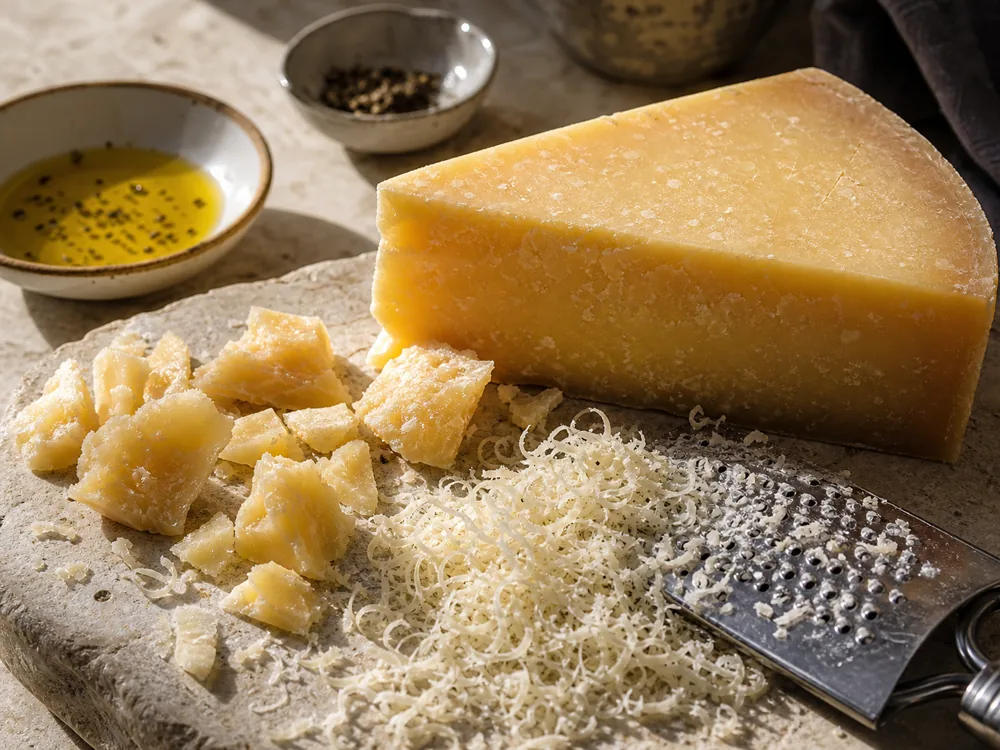 Extra mature Croatian hard cheese wedge with grated curls and brittle chips - Tezacki Sir Extra Mature | KnowTheCheese