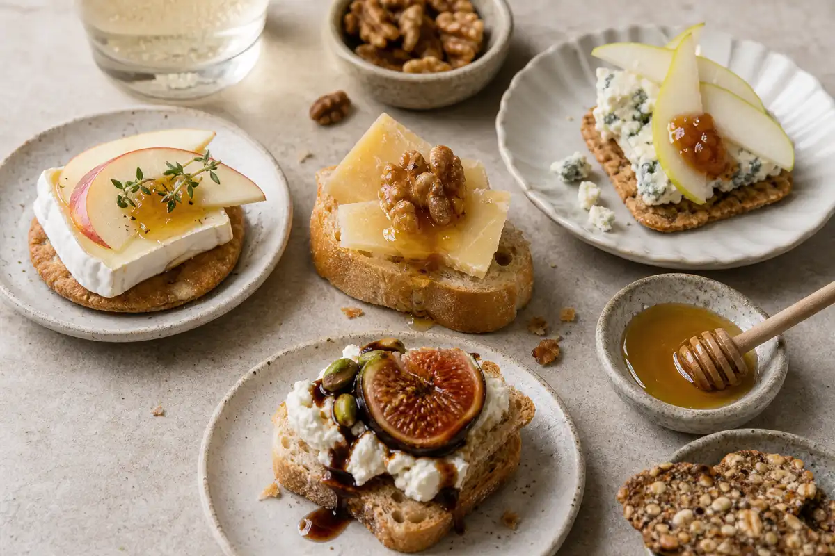 Balanced cheese board bites with fruit nuts crackers and condiments - The Perfect Bite | KnowTheCheese