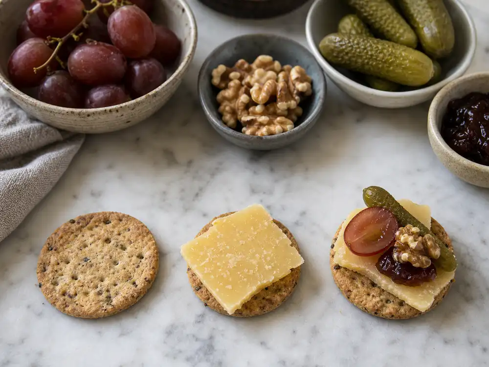 Cheese bite assembly from cracker to cheese to fruit and crunch - The Perfect Bite | KnowTheCheese