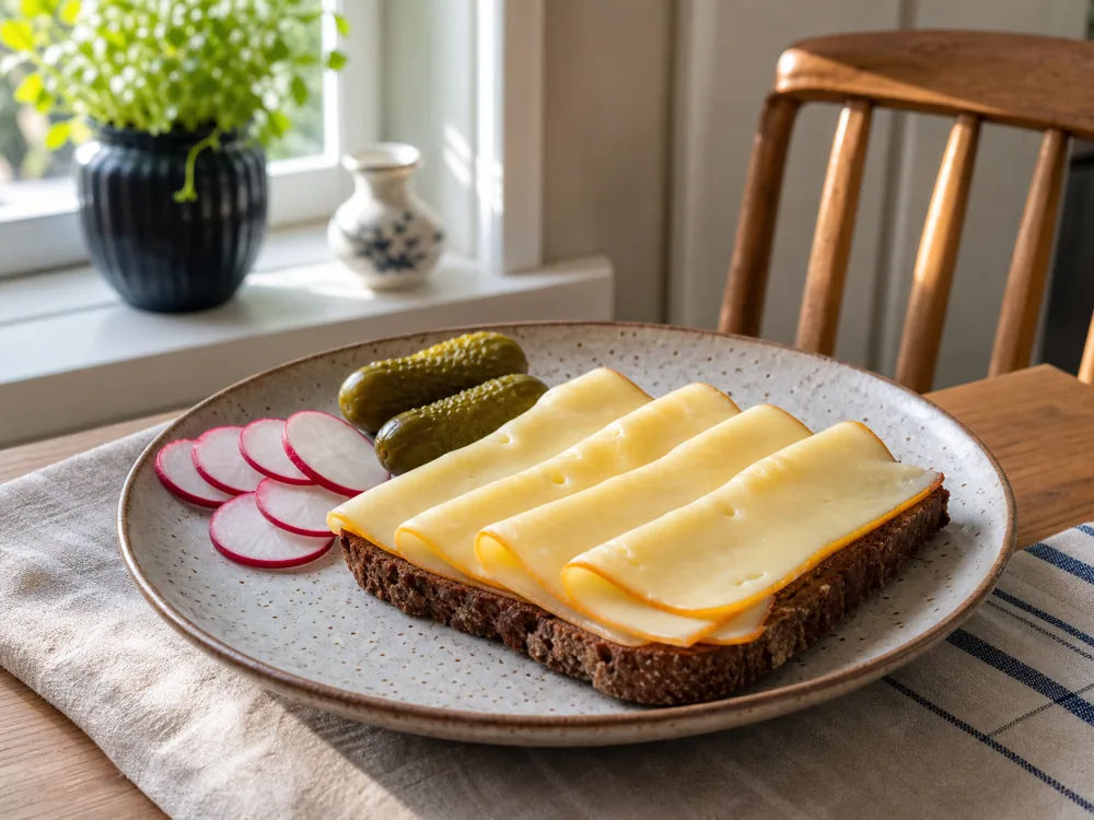 Tilsiter slices on rye toast with radishes and pickles - Tilsiter | KnowTheCheese