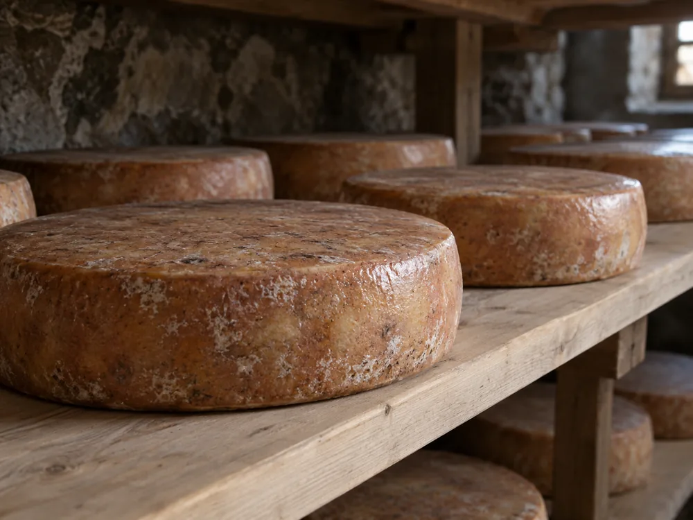 Round cheese wheels ripening on wooden boards on cellar shelves - Tilsiter | KnowTheCheese