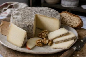 Tomme de Savoie-style cheese with gray rind, rough slices, bread, apple, walnuts, and knife - Tomme de Savoie cheese | KnowTheCheese