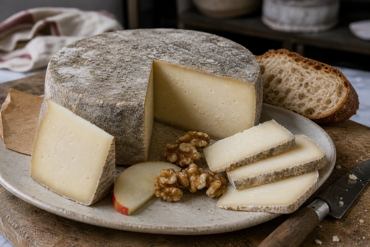 Tomme de Savoie-style cheese with gray rind, rough slices, bread, apple, walnuts, and knife - Tomme de Savoie cheese | KnowTheCheese