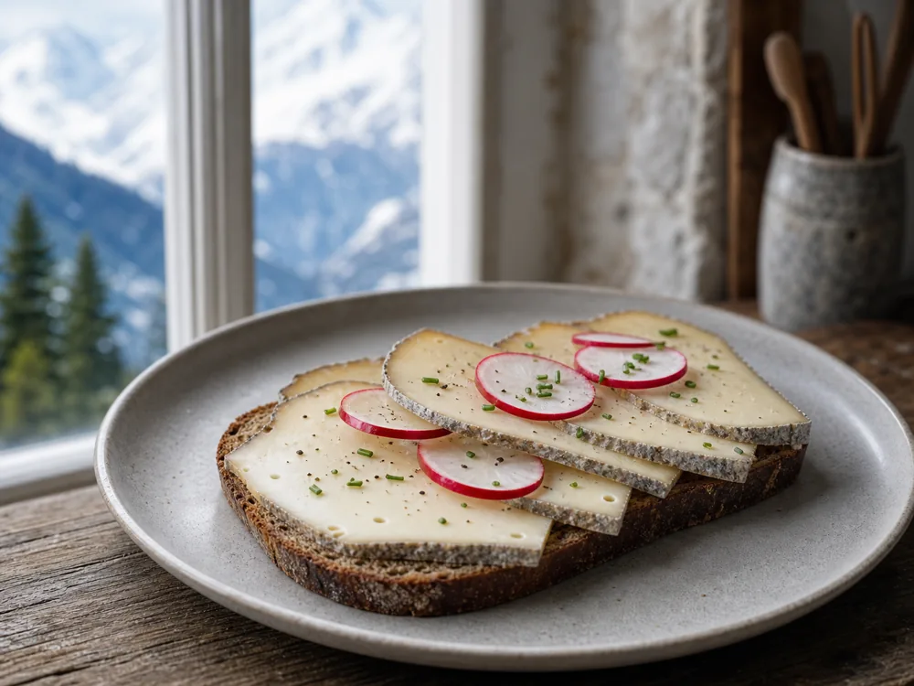 Thin Tomme de Savoie slices on a rye tartine with radish - Tomme de Savoie | KnowTheCheese