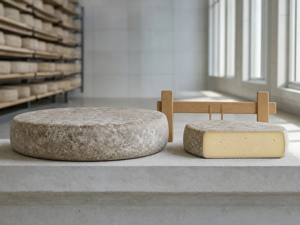 Standard and small Tomme de Savoie wheel formats shown side by side - Tomme de Savoie | KnowTheCheese