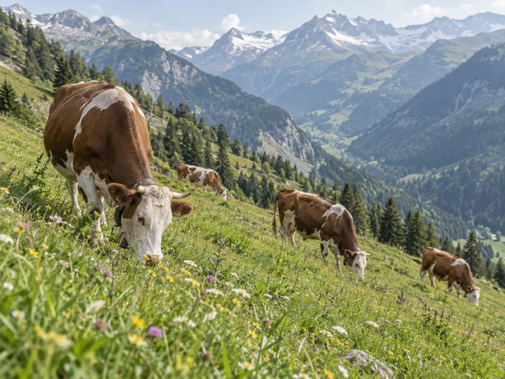 Brown and white dairy cows grazing a flower-filled mountain slope with peaks behind - Tomme de Savoie | KnowTheCheese
