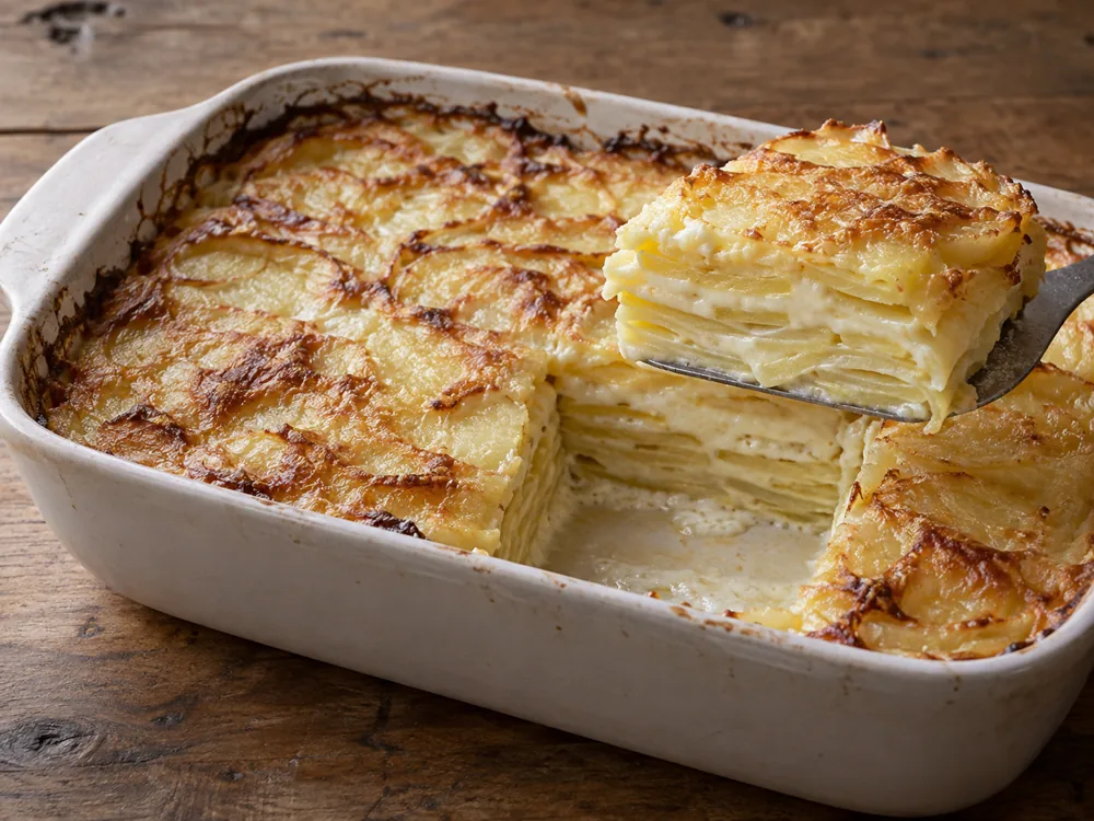 Baked layered potato gratin with a square portion lifted out on a spatula - Tomme de Savoie | KnowTheCheese