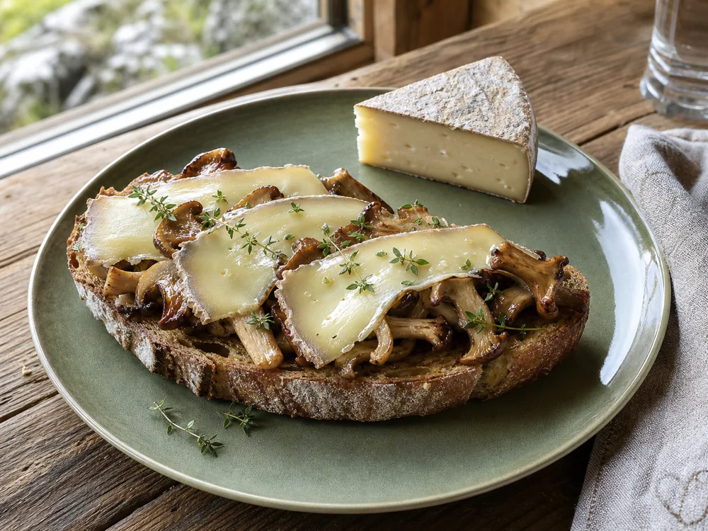 Warm Tomme slices and mushrooms on buckwheat tartine - Tomme | KnowTheCheese