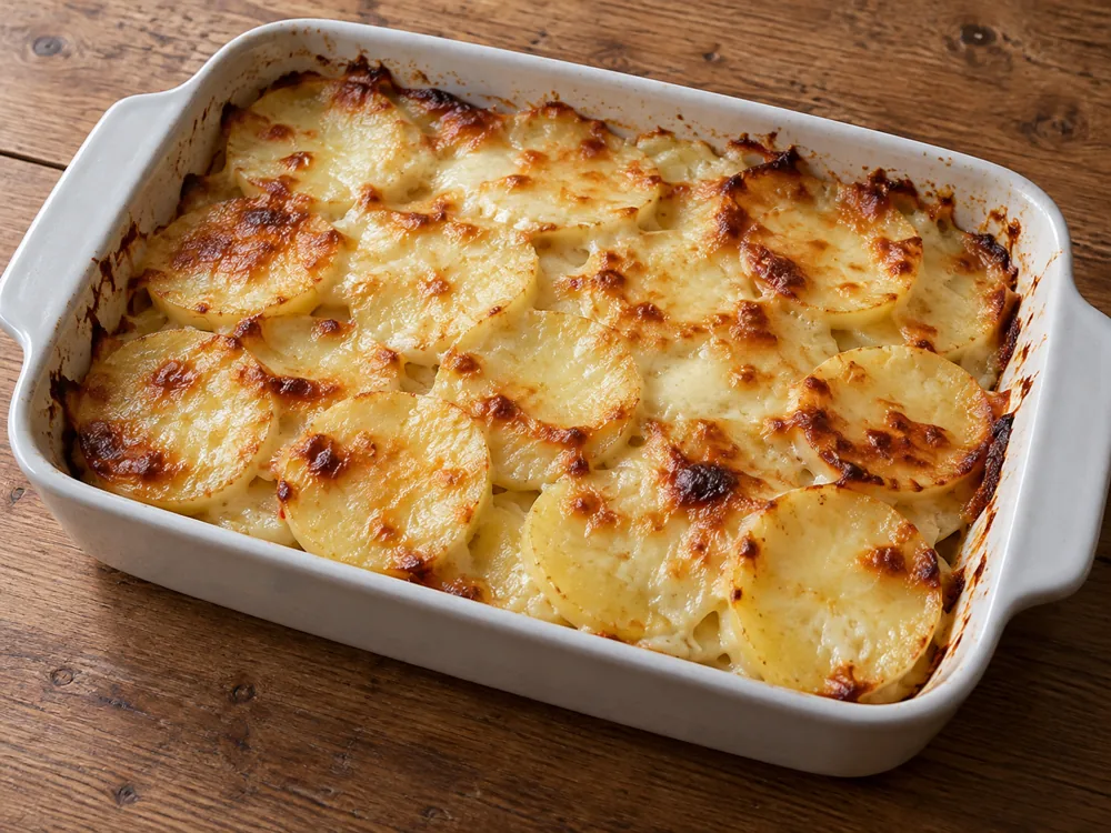 Potato gratin topped with melted, browned cheese in a white baking dish - Tomme | KnowTheCheese