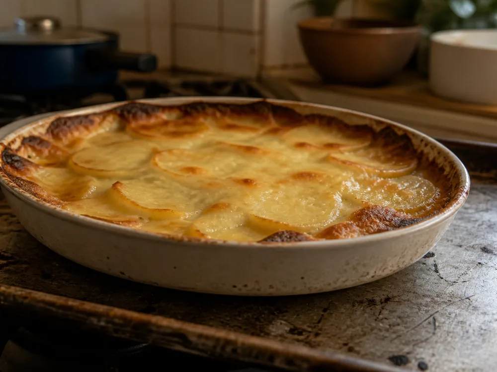 Potato gratin under a smooth fully melted pale cheese layer browned at the edges - Trappiste de Bricquebec | KnowTheCheese