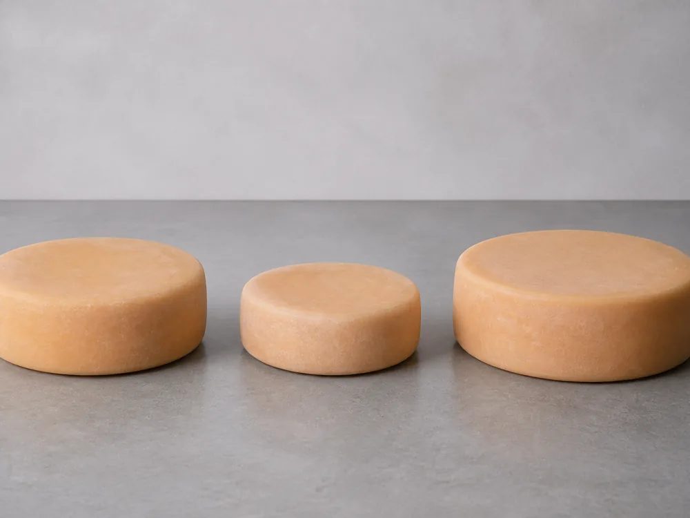 Three near-identical pale orange pressed cheeses side by side on a shop counter - Trappiste de Bricquebec | KnowTheCheese