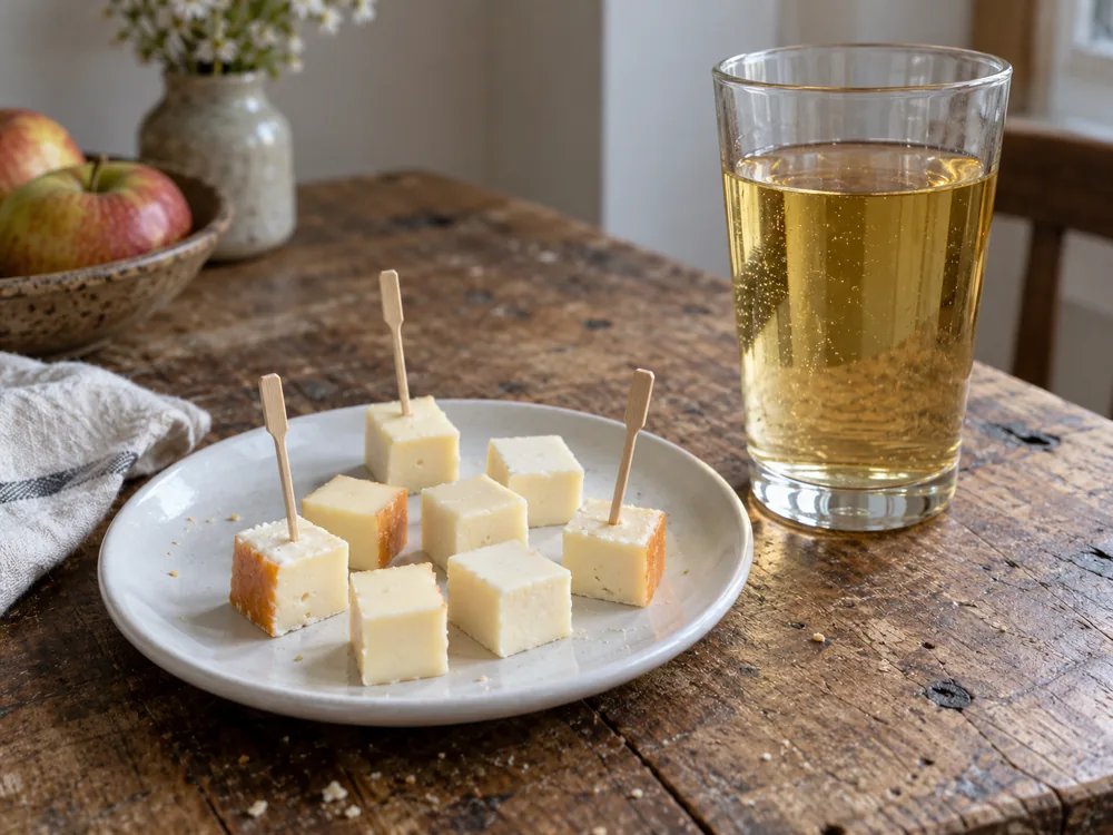 Cubes of pale cheese on a small plate beside a glass of cider - Trappiste de Bricquebec | KnowTheCheese