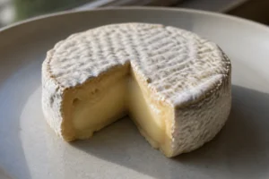 Small round soft cheese with a finely wrinkled cream rind and a cut showing straw-coloured paste - Tunworth | KnowTheCheese