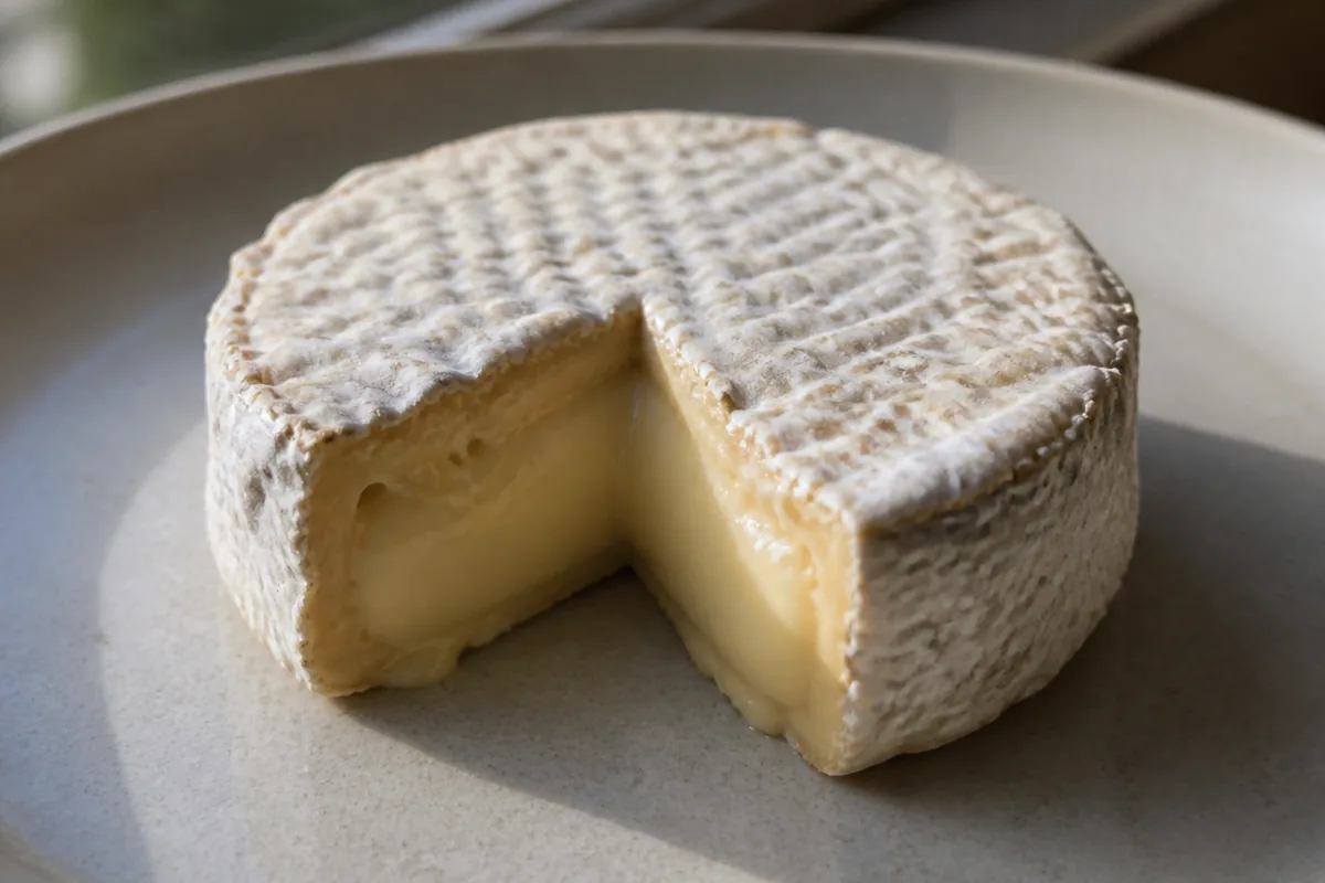 Small round soft cheese with a finely wrinkled cream rind and a cut showing straw-coloured paste - Tunworth | KnowTheCheese