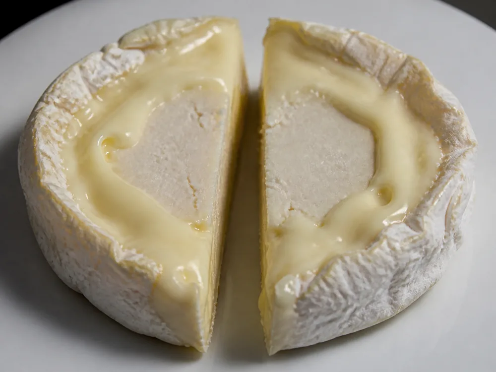 Cheese opened out with the outer paste flowing slowly while a firmer pale core remains in the middle - Tunworth | KnowTheCheese