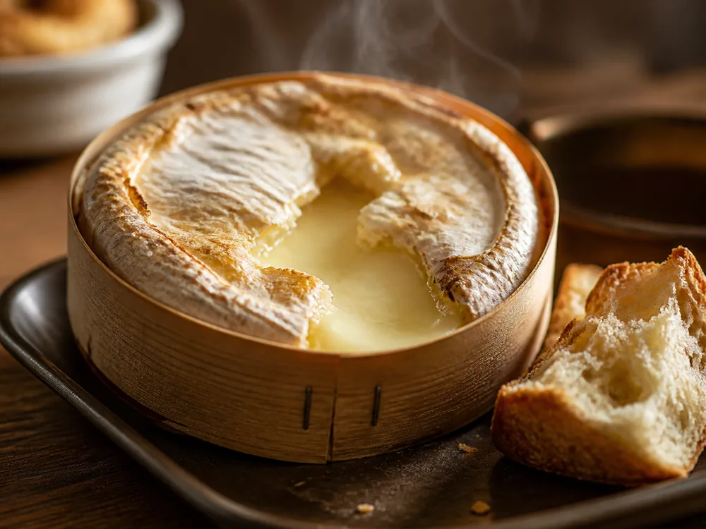 Cheese baked in its thin wooden box with the top split open and the inside fully molten - Tunworth | KnowTheCheese
