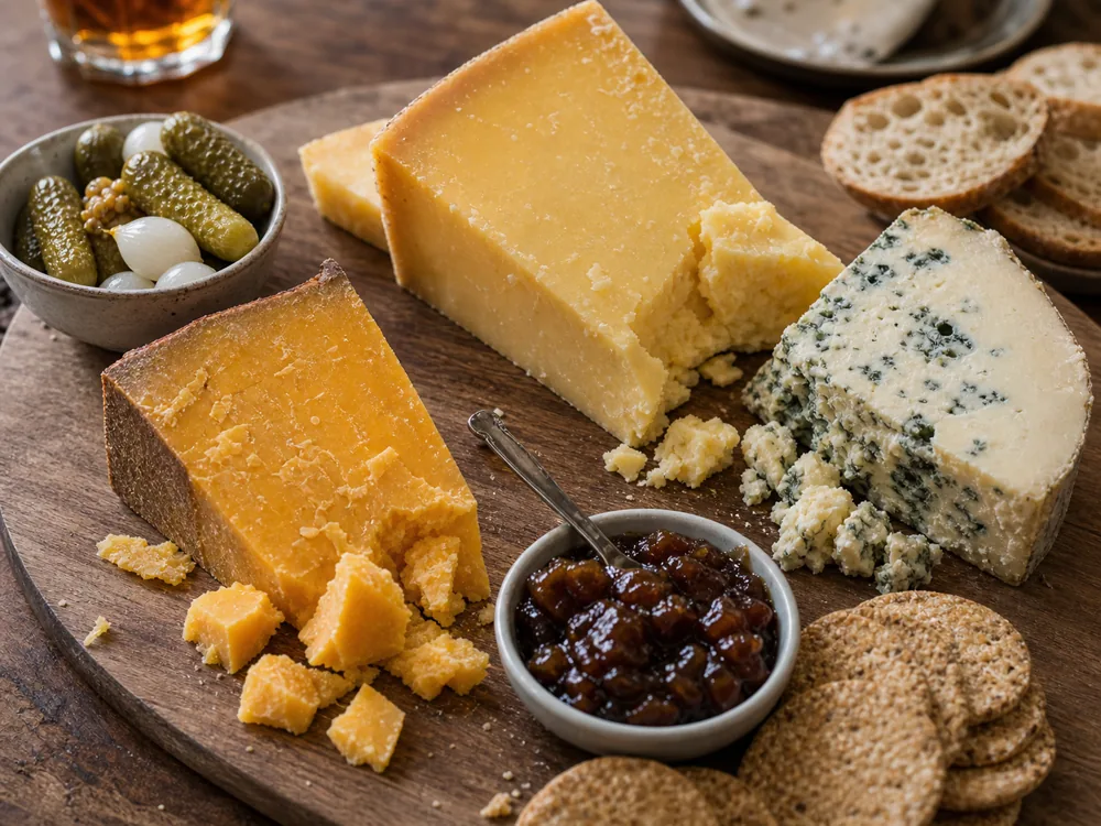 British cheese board with cheddar, crumbly territorial cheese, Stilton, oatcakes, pickles, and chutney