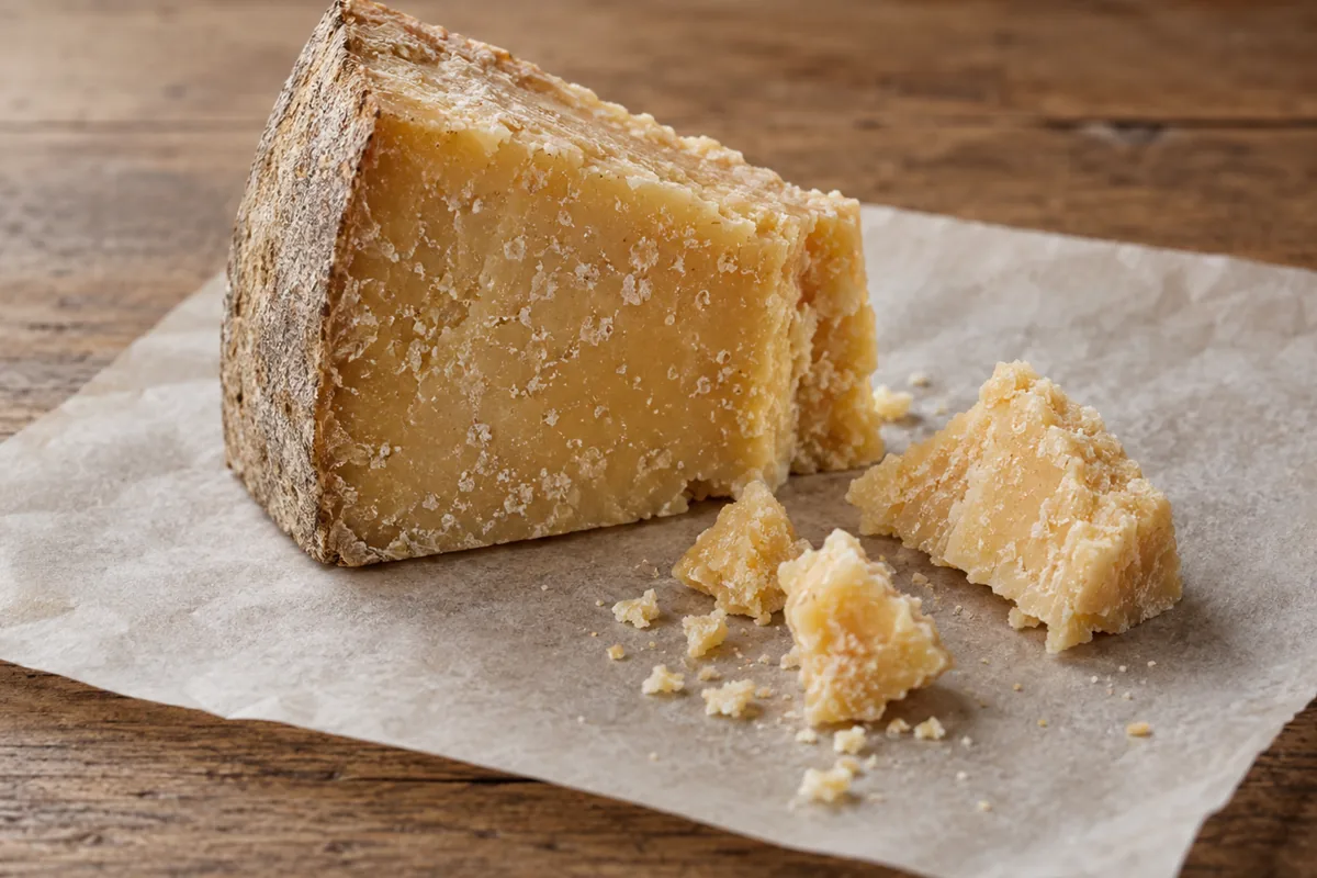 Hard aged cheese wedge with a natural rind and crumbled pieces on parchment - Unpasteurised Farmhouse 4 Year Old | KnowTheCheese
