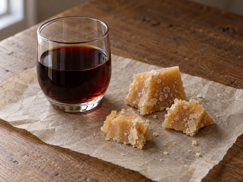 Glass of dark port beside broken pieces of crystalline aged cheese - Unpasteurised Farmhouse 4 Year Old | KnowTheCheese
