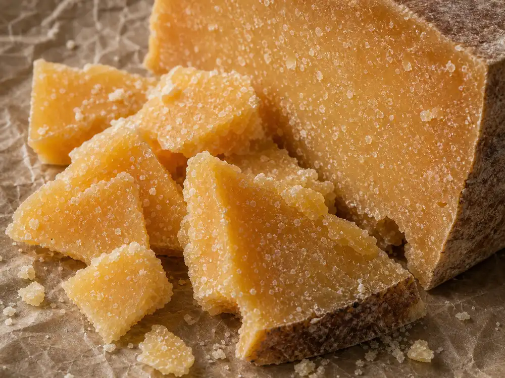 Amber four year aged cheese cracked into crystalline shards - Unpasteurised Farmhouse 4 Year Old | KnowTheCheese