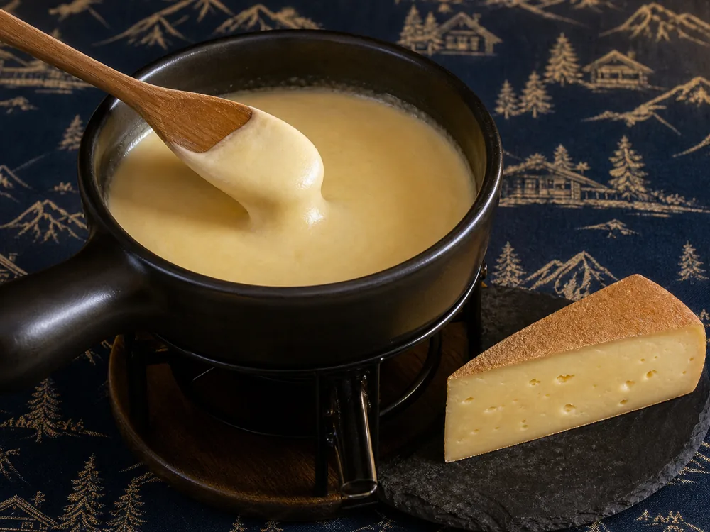 Smooth Vacherin Fribourgeois fondue lifting from a wooden spoon - Vacherin Fribourgeois | KnowTheCheese