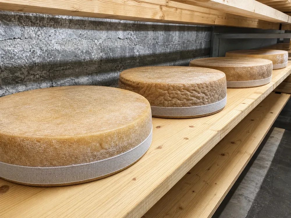 Vacherin Fribourgeois wheels with gauze bands aging on spruce boards - Vacherin Fribourgeois | KnowTheCheese
