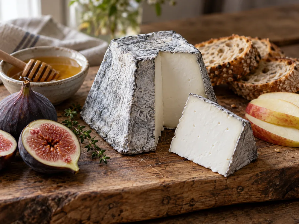 Valencay cut open beside honey, figs, apple and seeded bread - Valencay | KnowTheCheese