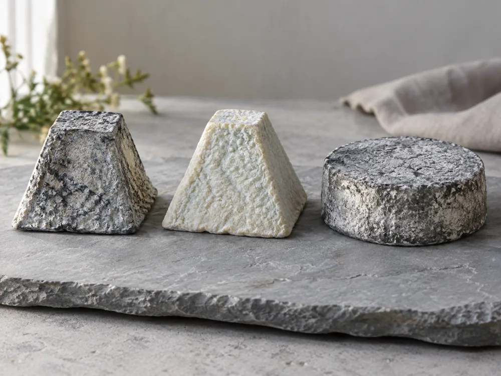 Ash-coated pyramid, ivory-white pyramid and ashed disc side by side - Valencay | KnowTheCheese